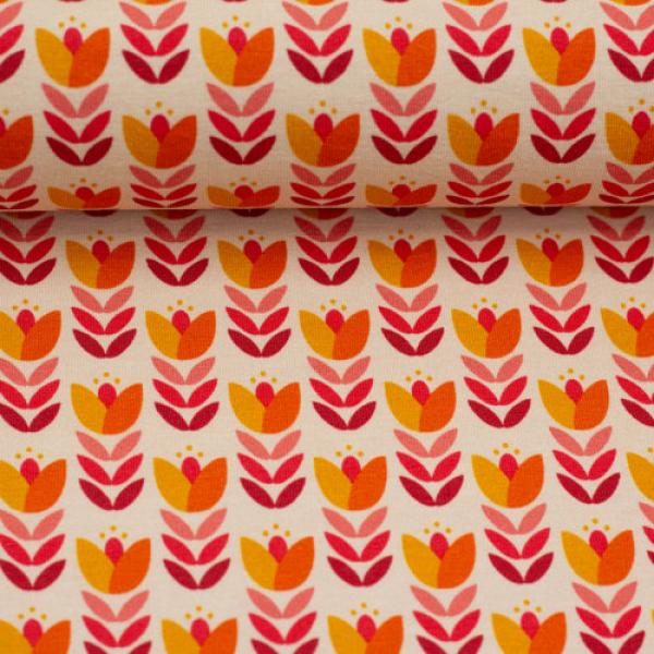 Baumwolljersey Feather Fan Retroblätter Rottöne auf Creme von jojulein design by Swafing